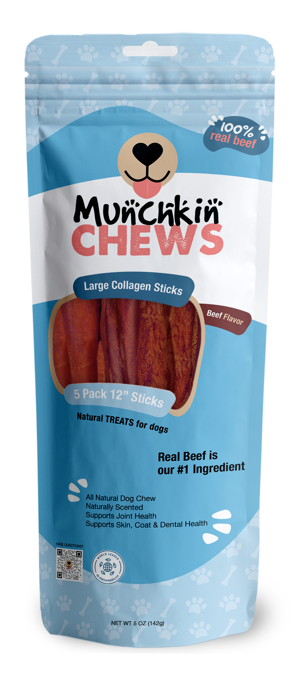 Collagen Sticks 5 Pack - Palitos de Colágeno Munchkin Chews - Peanut Butter 12" Large