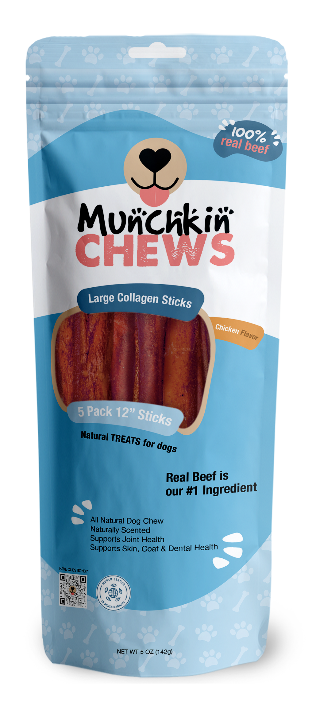 Collagen Sticks 5 Pack - Palitos de Colágeno Munchkin Chews - Peanut Butter 12" Large