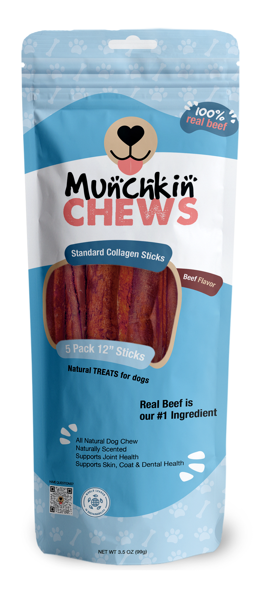 Collagen Sticks 5 Pack - Palitos de Colágeno Munchkin Chews - Peanut Butter 12" Standard