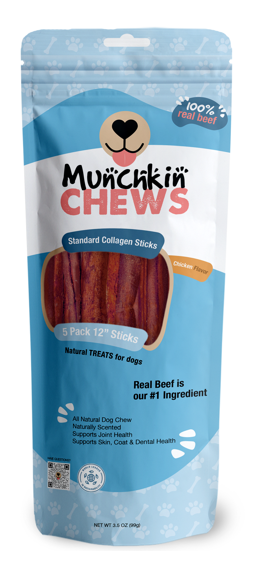 Collagen Sticks 5 Pack - Palitos de Colágeno Munchkin Chews - Peanut Butter 12" Standard