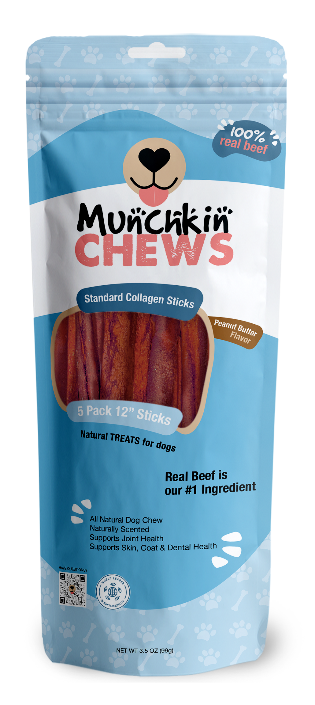 Collagen Sticks 5 Pack - Palitos de Colágeno Munchkin Chews - Peanut Butter 12" Standard