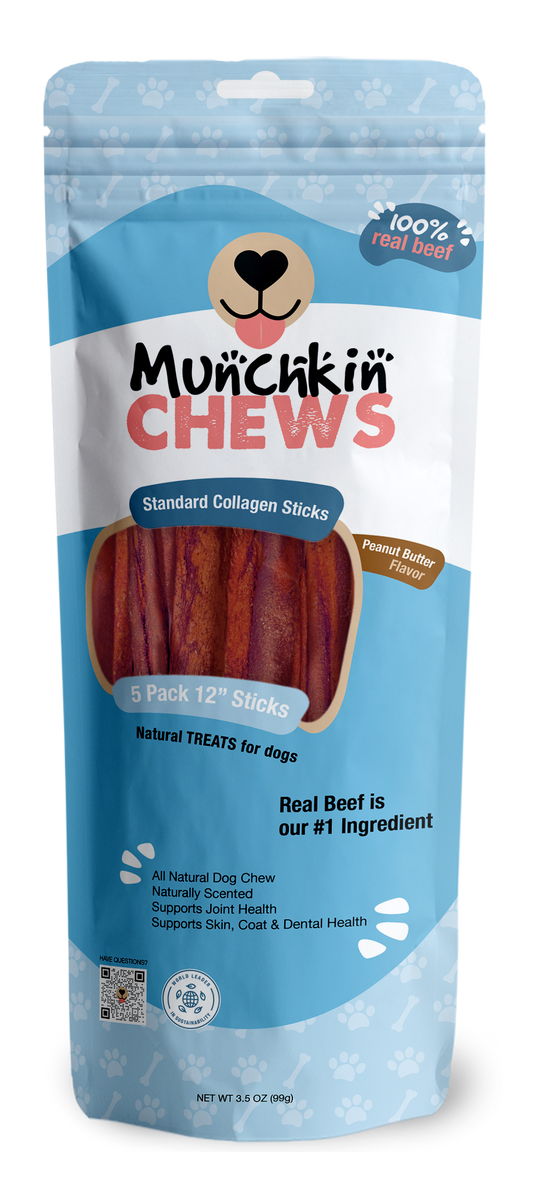 Collagen Sticks 5 Pack - Palitos de Colágeno Munchkin Chews - Peanut Butter 12" Standard