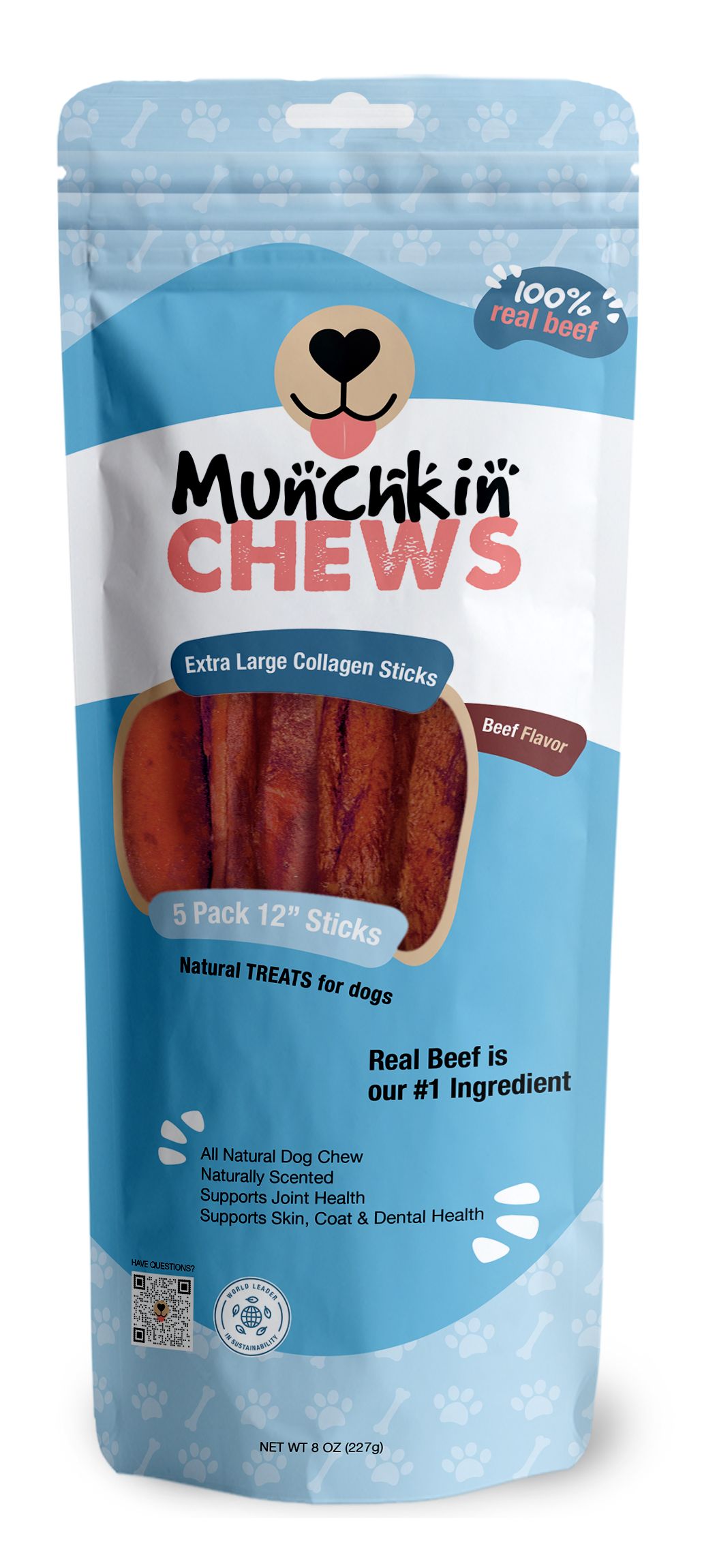 Collagen Sticks 5 Pack - Palitos de Colágeno Munchkin Chews - Peanut Butter 12" Extra Large