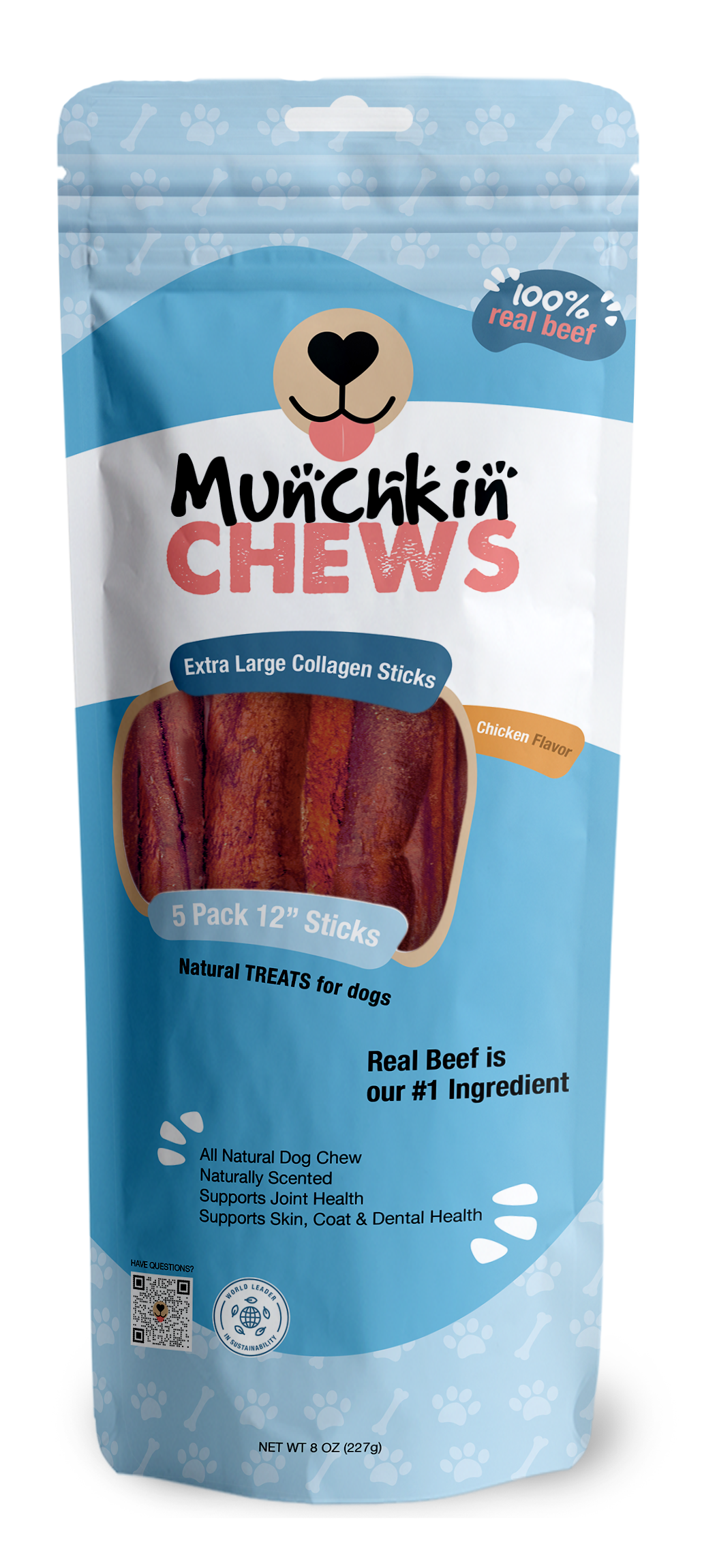 Collagen Sticks 5 Pack - Palitos de Colágeno Munchkin Chews - Peanut Butter 12" Extra Large