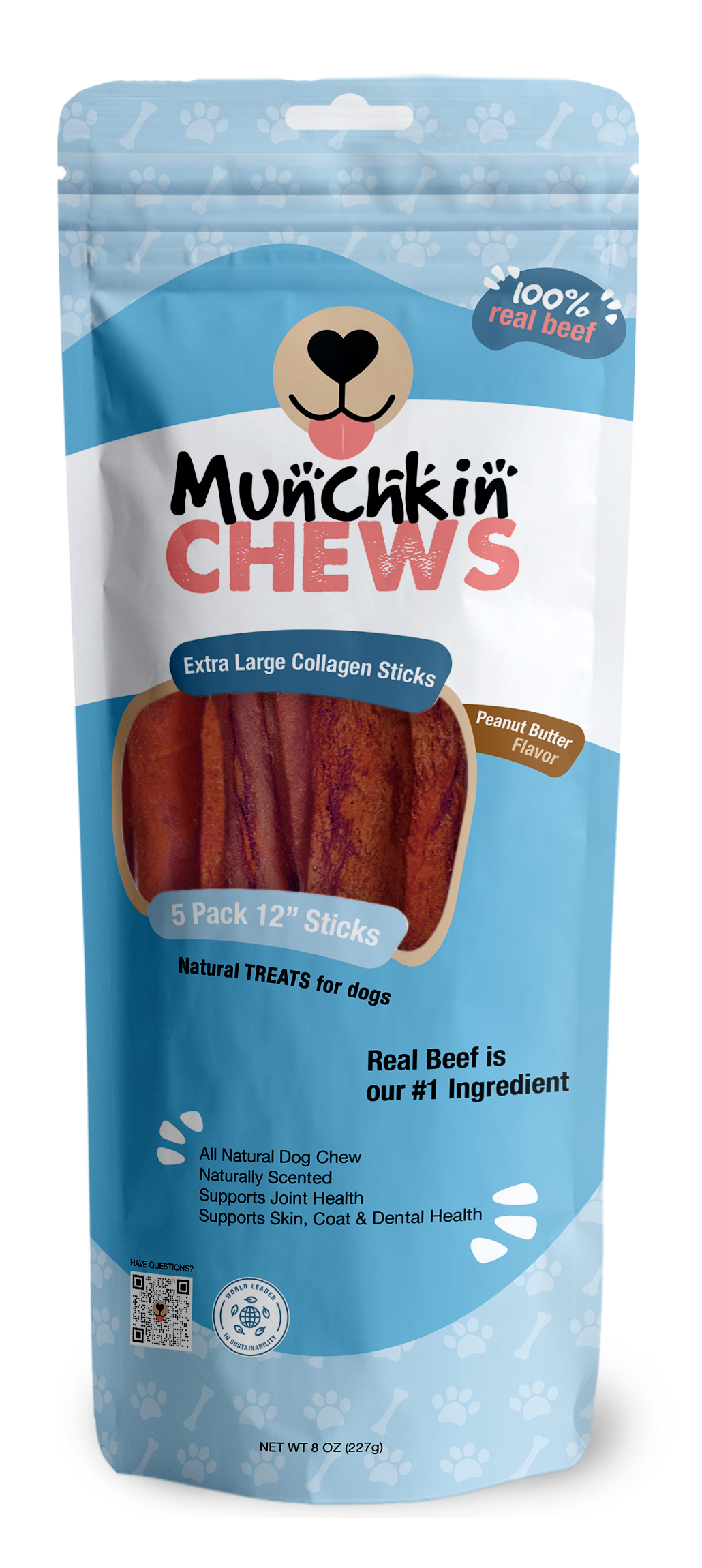 Collagen Sticks 5 Pack - Palitos de Colágeno Munchkin Chews - Peanut Butter 12" Extra Large