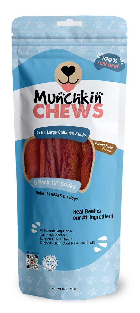 Collagen Sticks 5 Pack - Palitos de Colágeno Munchkin Chews - Peanut Butter 12" Extra Large