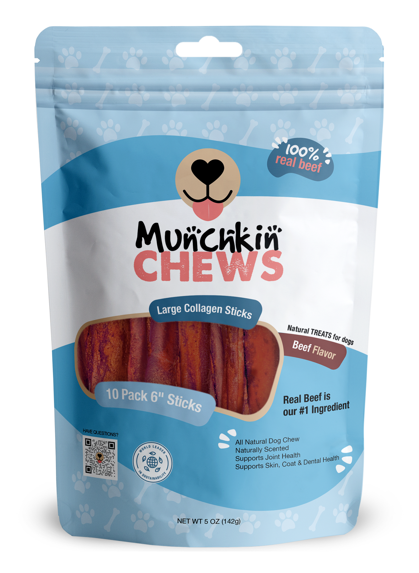 Collagen Sticks 10 Pack - Palitos de Colágeno Munchkin Chews - Peanut Butter 6" Large