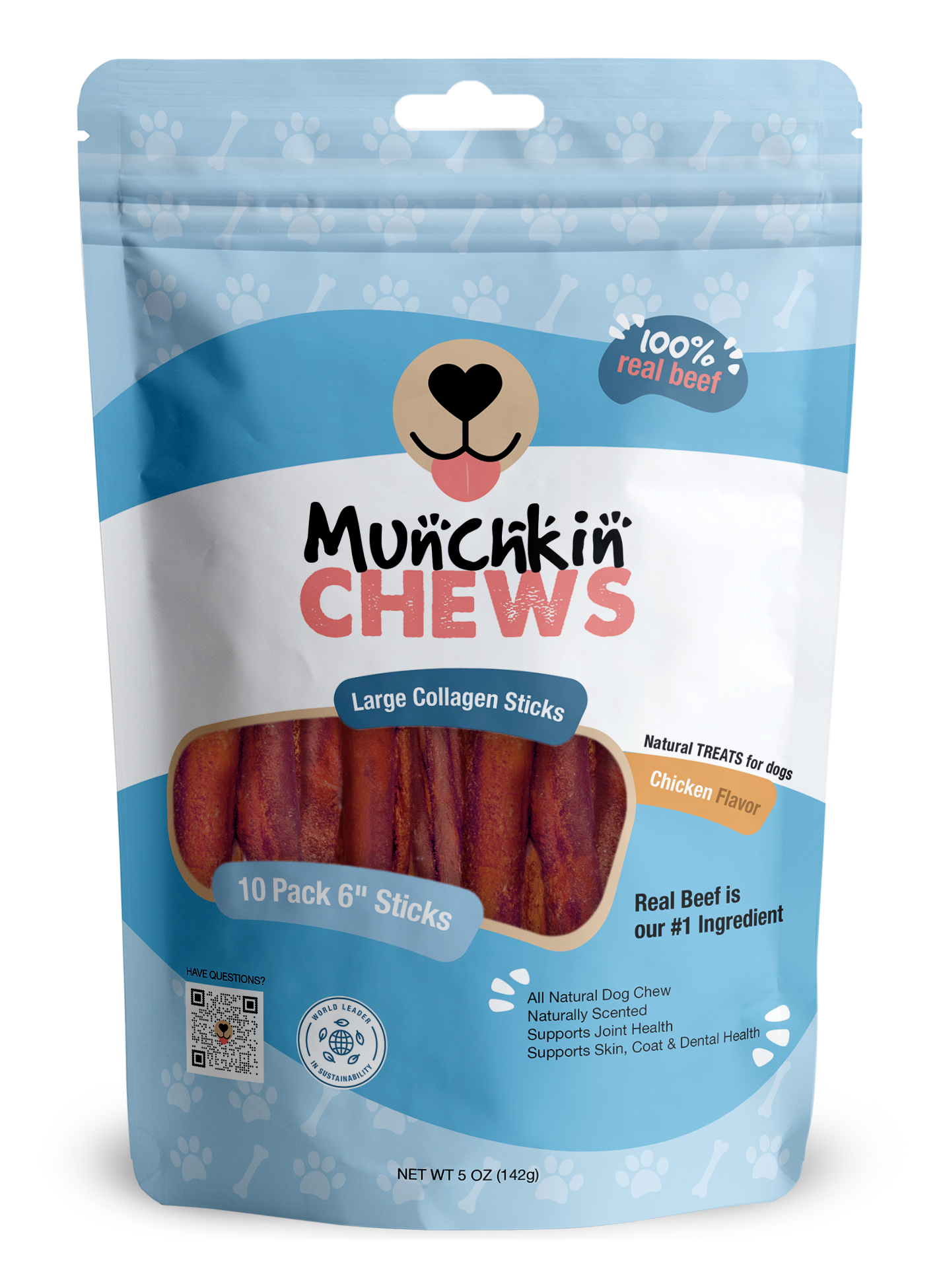 Collagen Sticks 10 Pack - Palitos de Colágeno Munchkin Chews - Peanut Butter 6" Large