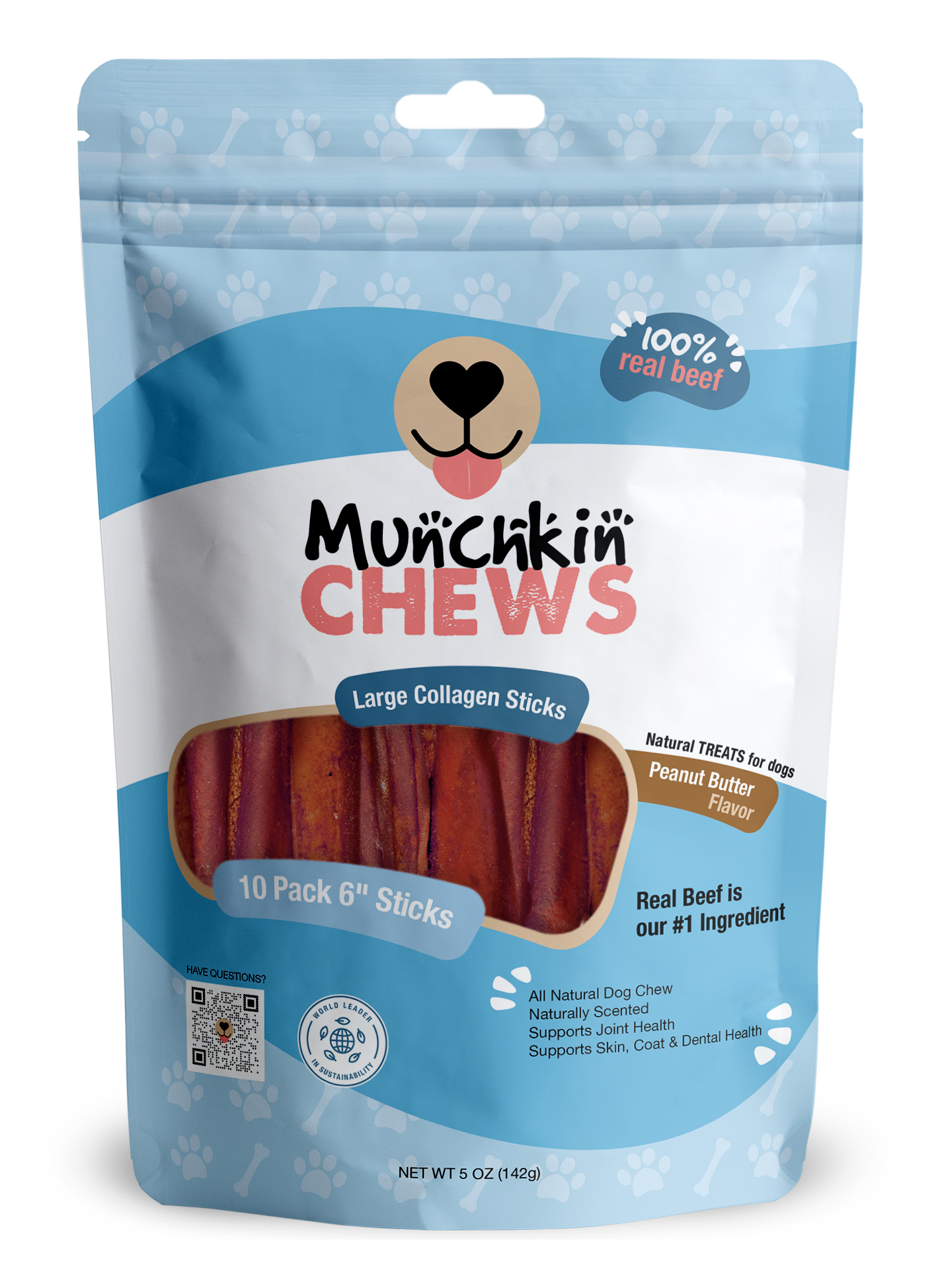 Collagen Sticks 10 Pack - Palitos de Colágeno Munchkin Chews - Peanut Butter 6" Large