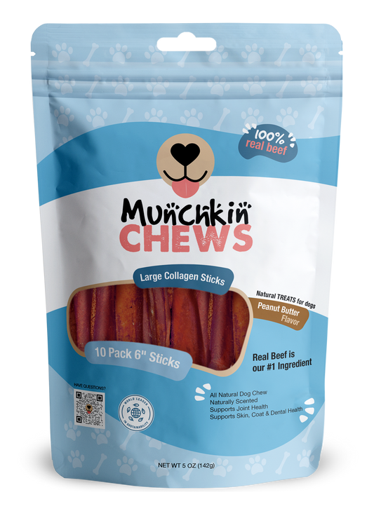 Collagen Sticks 10 Pack - Palitos de Colágeno Munchkin Chews - Peanut Butter 6" Large