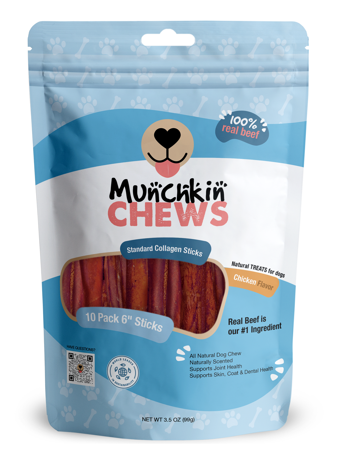 Collagen Sticks 10 Pack - Palitos de Colágeno Munchkin Chews - Peanut Butter 6" Standard