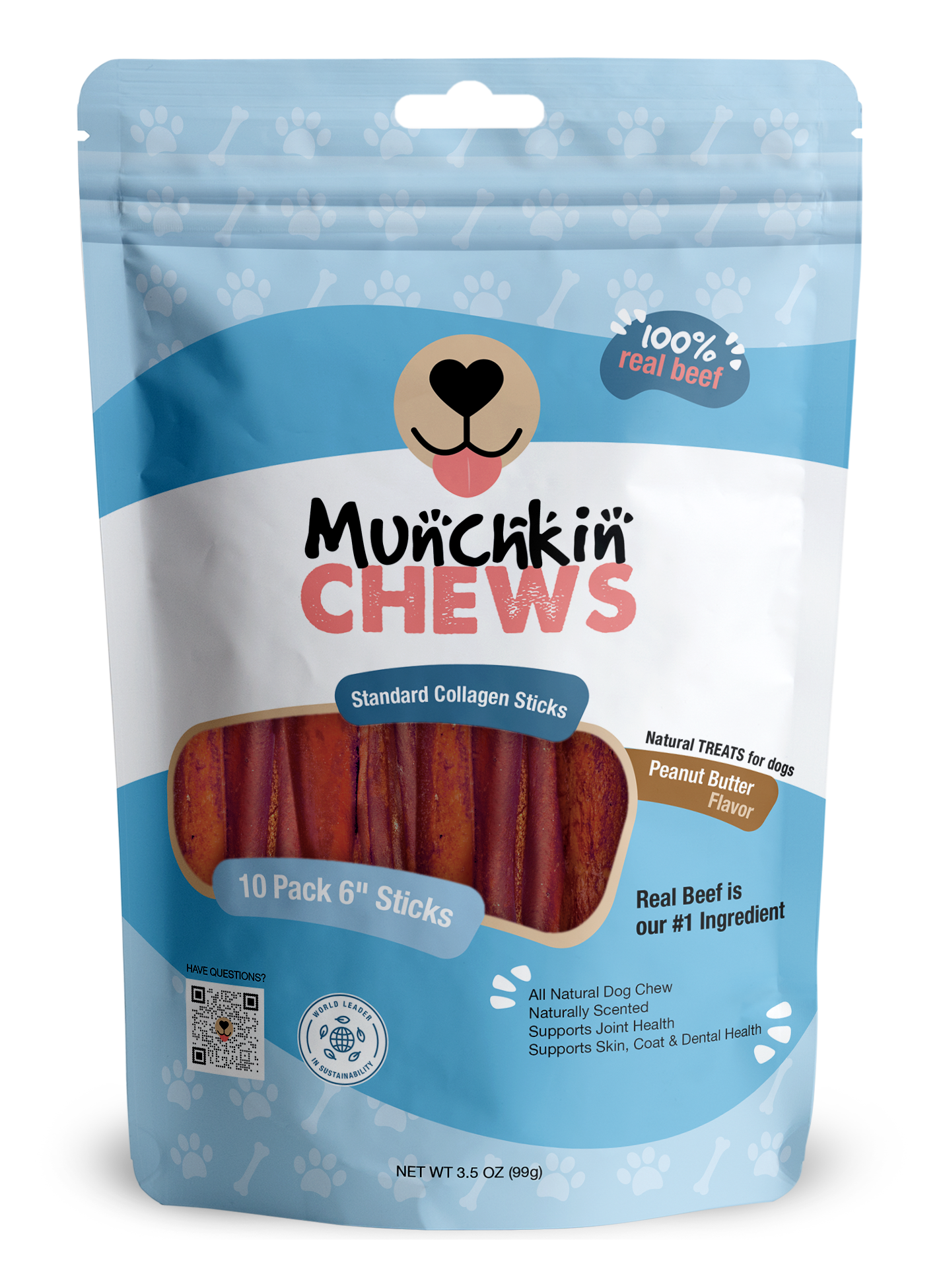 Collagen Sticks 10 Pack - Palitos de Colágeno Munchkin Chews - Peanut Butter 6" Standard