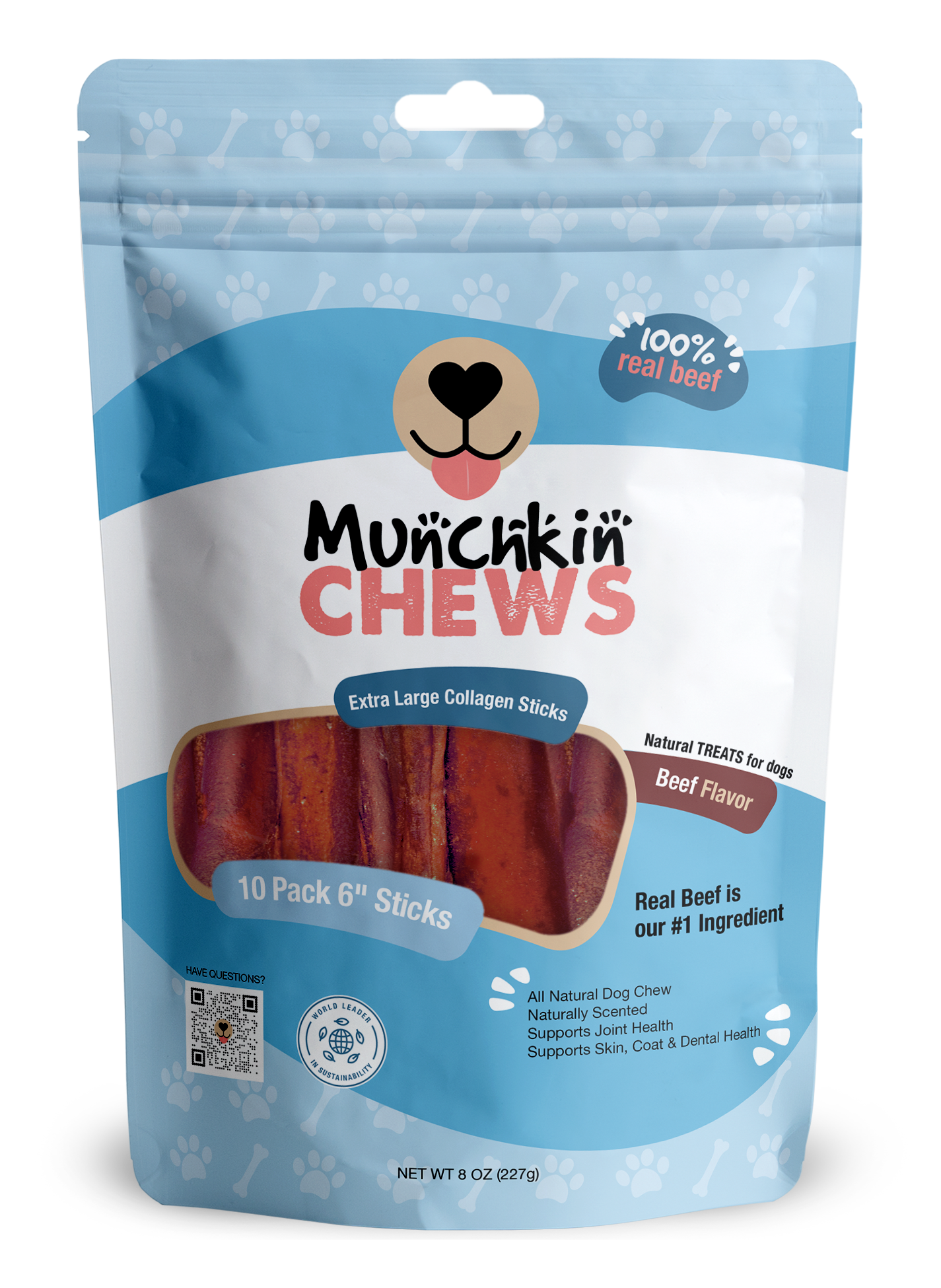 Collagen Sticks 10 Pack - Palitos de Colágeno Munchkin Chews - Peanut Butter 6" Extra Large