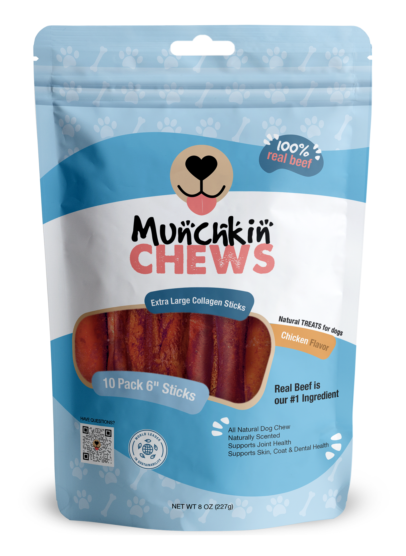 Collagen Sticks 10 Pack - Palitos de Colágeno Munchkin Chews - Peanut Butter 6" Extra Large