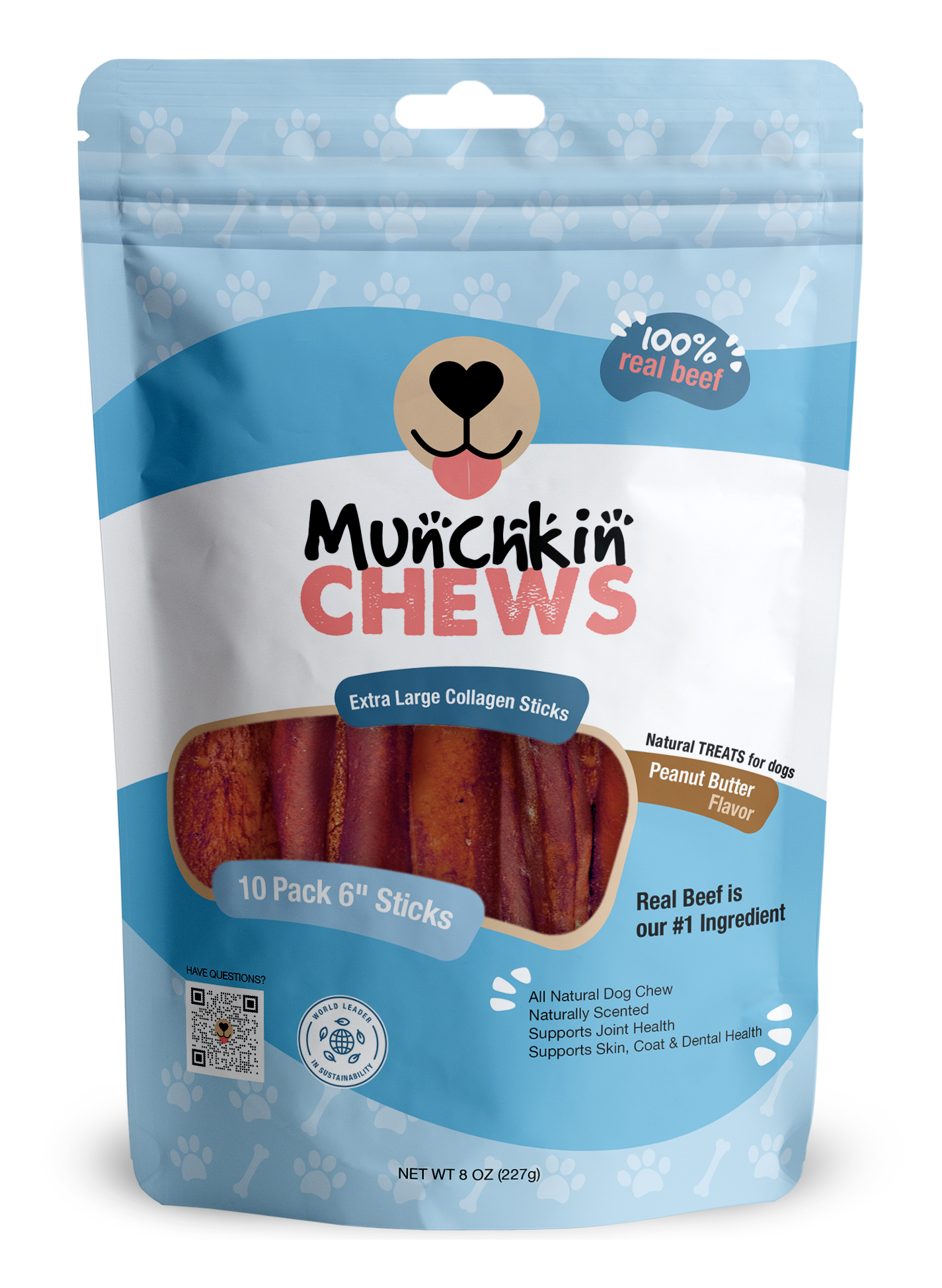 Collagen Sticks 10 Pack - Palitos de Colágeno Munchkin Chews - Peanut Butter 6" Extra Large