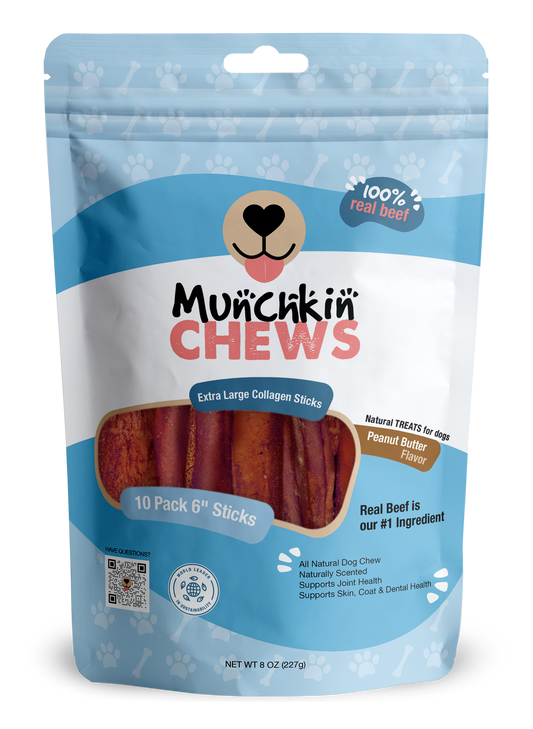 Collagen Sticks 10 Pack - Palitos de Colágeno Munchkin Chews - Peanut Butter 6" Extra Large