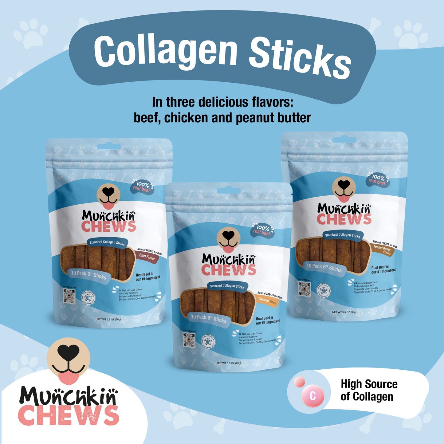 Collagen Sticks 10 Pack - Palitos de Colágeno Munchkin Chews - Peanut Butter 6" Standard