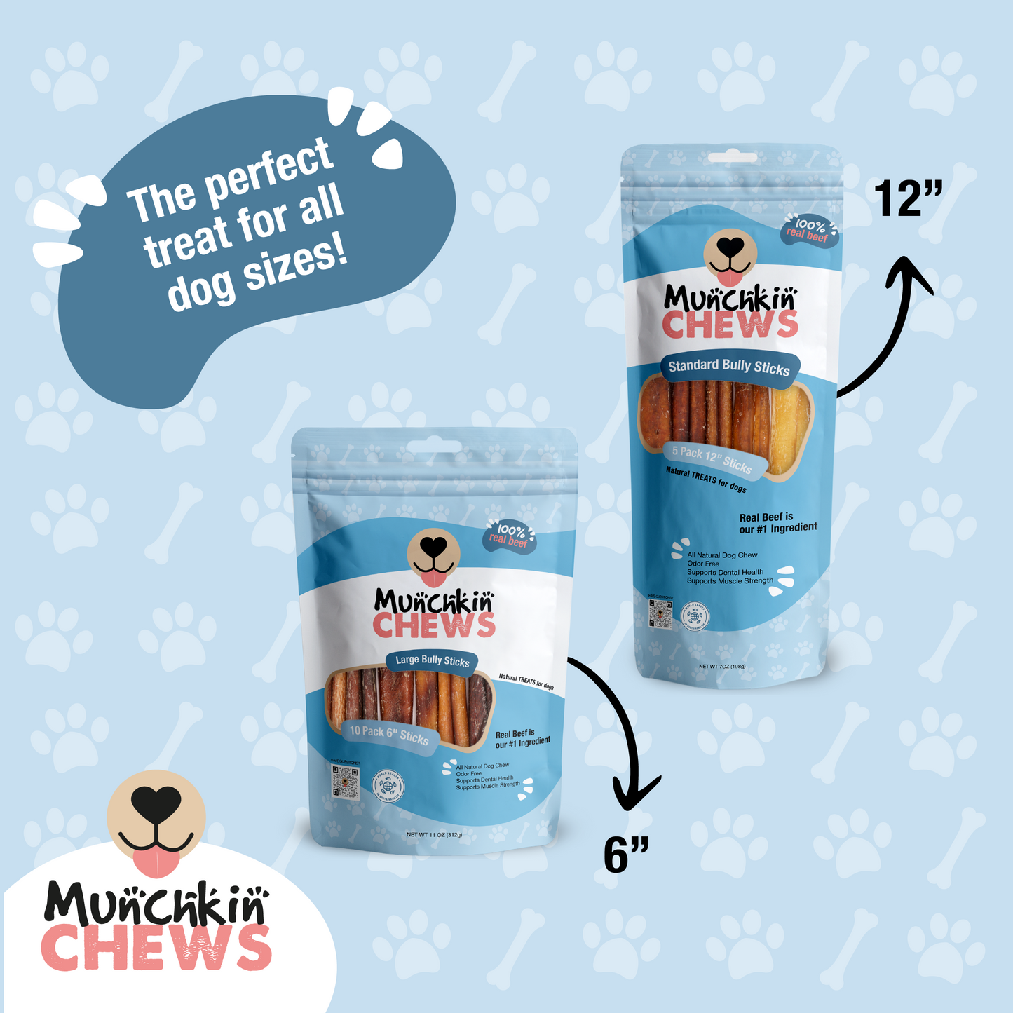 Munchkin Chews - 12" Extra Large Bully Sticks para Perros Pack de 5 unidades - 14 Oz (396g)